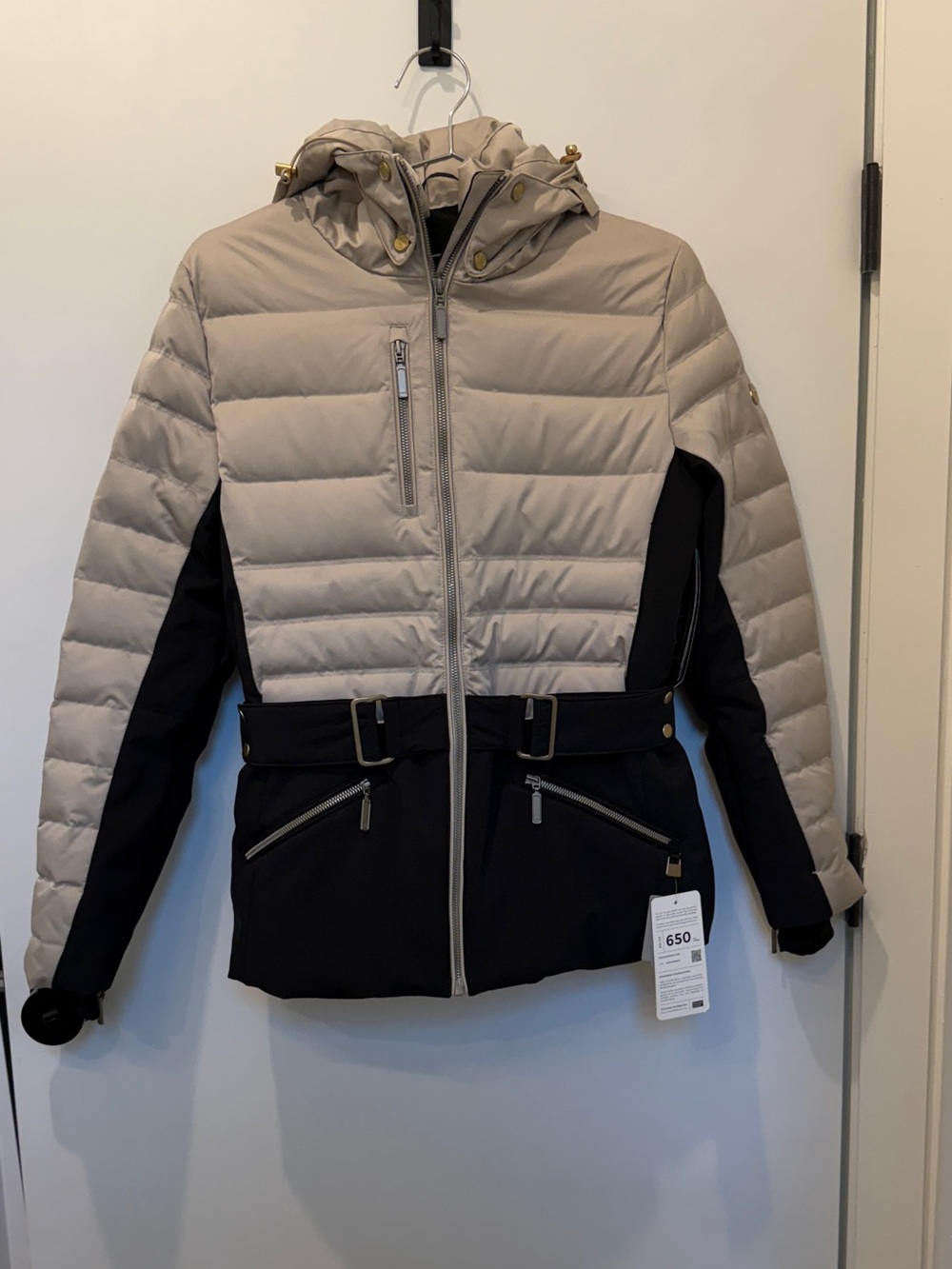 NILS Ski Jacket Women's Two-Tone Puffer Jacket with Belt - Black & Taupe